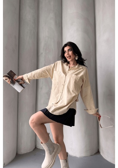 Paw Garage Kadın Harper Çift Cepli Oversize Keten Gömlek, 2025 Summer Collection Taş