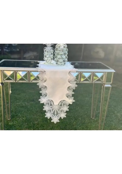 Çeyizlik Selena Model Krem 5 Parça Dantelli Keten Runner Masa Örtüsü Seti