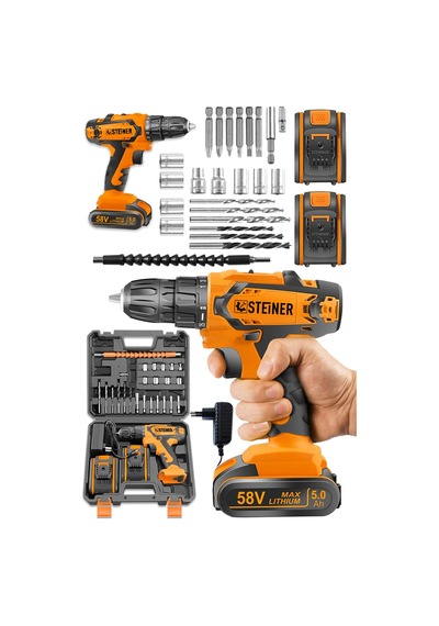 Steiner Kupfer Darbeli 58 V 5 Ah Çift Akülü Vidalama Matkap Turuncu + 24 Parça Set