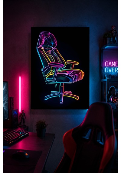Gaming Koltuğu Metal Duvar Tablosu Neon Oyun Odası Dekoru 30x40 Cm A3 Boyutunda
