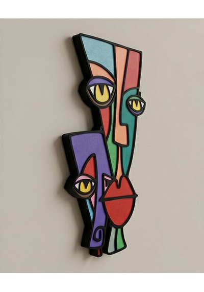 Picasso Tarzı Renkli Ahşap Duvar Mask Mdf. - Soyut Çok Renkli Yüz Duvar Sanatı 1