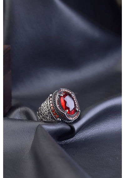 Innuendo Jewelry Kırmızı Zirkon Taşlı Zirkon Taş Süslemeli 925 Ayar Gümüş Erkek Yüzüğü Gümüş