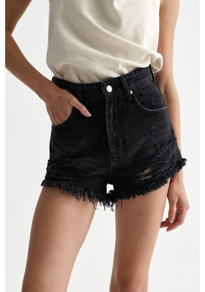 Açelyaokcu Premium Kaida Yırtık Detaylı Denim Mini Şort Siyah