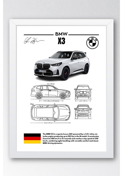 Bmw X3 Tablo - Teknik Özellikli Alman Lüks Suv Poster - Çerçeveli Duvar Dekoru - Araba Blueprint Beyaz