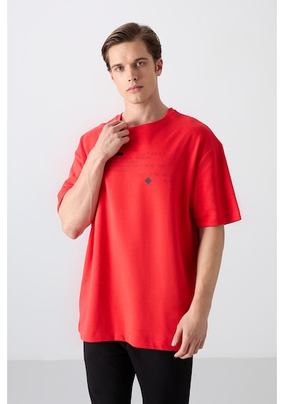 Tommy Life Fiesta Pamuklu Kalın Yumuşak Dokulu Oversize Fit Baskılı Erkek T-shirt - 88326 Kirmizi