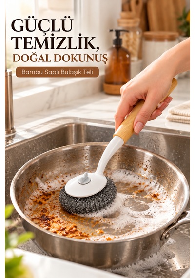 Porsima Bambu Saplı 2'li Bulaşık Ve Lavabo Temizlik Seti - Değiştirilebilir Paslanmaz Tel Bulaşık Fırçası & Çok Amaçlı Yıkama Fırçası Beyaz