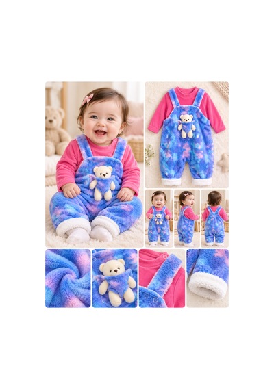Messlife Peluş Ayıcıklı Kız Bebek Salopet Takımı Mavi - 929587879 Mavi