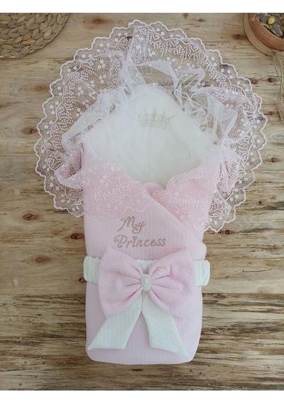 Bal Peteği My Princess Taç Nakış İnci Fiyonklu Dantel Duvaklı Delüks Kundak Bebek Battaniyesi Pembe