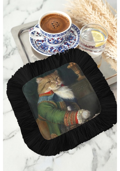 Lüks Kedi Portre Saçaklı Sunum Peçetesi - Aristokrat Retro Siyah Altın Renkli Bardak Altlığı Mendil Çok Renkli