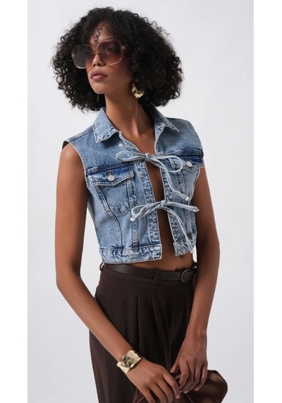 Defymoda Bağlama Detay Denim Yelek Mavi