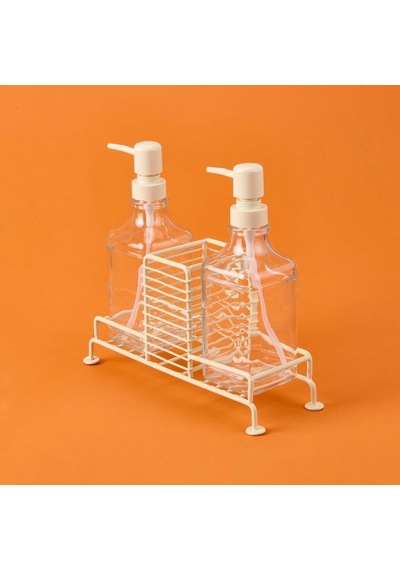 Arow Cream 2'li Metal Stantlı Cam Sıvı Sabunluk - Şeffaf / Krem - 200 Ml Şeffaf / Krem