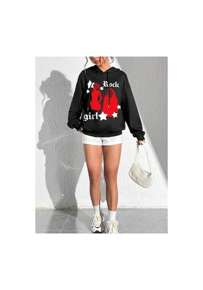 Tarzsokak Coke Serisi Figure & Letter Graphic Drop Shoulder Drawstring Hoodie Siyah