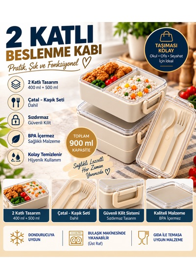 2 Katlı Bölmeli Sefer Tası / Beslenme Kabı 900ml - Kaşık Çatal Setli, Sızdırmaz Ve Bpa İçermez Bej