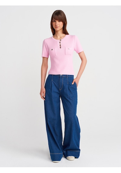 Dilvin 10733 Bisiklet Yaka Cepli Düğmeli Triko Bluz-pembe Pembe