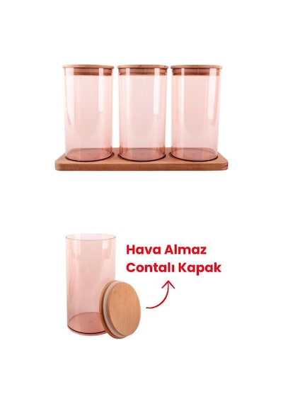 Ahşap Kapaklı 3'lü Standlı Ve Vakumlu Çay, Kahve, Şeker, Bakliyat Kavanoz Seti Mika 1 Lt Pembe