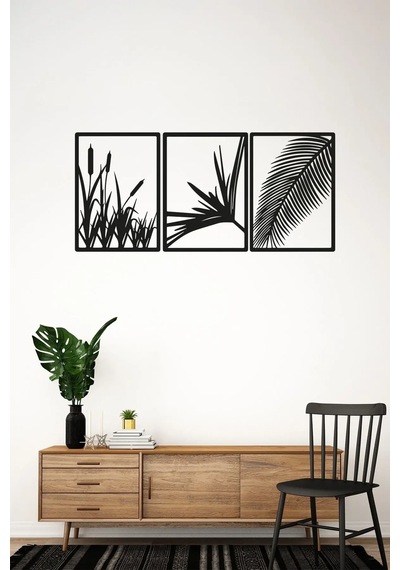 3'lü Lazer Kesim Dekoratif Ahşap Sazlık Tablo - 98x25 Cm Her Biri 18x25 Cm