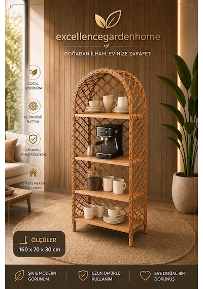 Latte Rattan Kahve Köşesi Kitaplık Çiçeklik El İşçiliği Dekoratif Raf Balkon Bahçe Ev Dekorasyonu Kahverengi