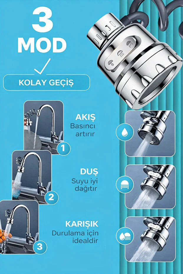 Musluk Başlığı 75 Cm Uzatmalı 360 Döner 3 Modlu Su Tasarruflu Uzayan Musluk Başlığı