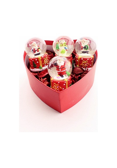 Özel Kalp Kutu İçinde 4 Adet Mini Noel Baba Kar Küresi 6,5 Cm