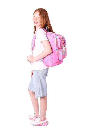 Kaukko Kids Kız Çocuk Armalı Yazı Desenli İlkokul Okul Sırt Çantası Dört Bölmeli - Pembe - L5237 Pembe