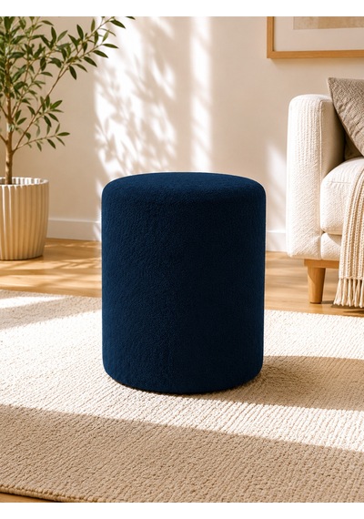 Mavi Welsoft Kumaş Puf 40x45 Cm Yuvarlak Puf Dekoratif Oturma Pufu Yumuşak Dokulu Modern Puf