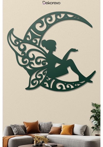 Peri Ve Hilal Ay Metal Duvar Tablosu - Metal Duvar Tablosu - Yosun Yeşili - 65 X 75 Cm Yeşil