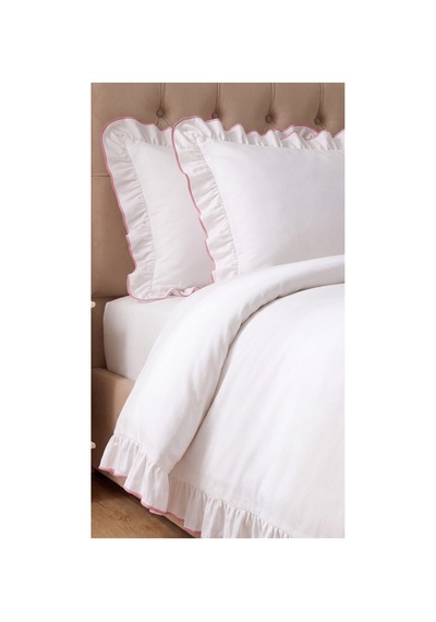 %100 Pamuk Overloklu Fırfırlı Çift Kişilik Nevresim Takımı Lastikli Çarşaflı 200x220 Cm Pembe - 904804703 Pembe