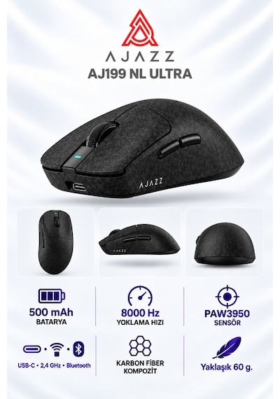 Ajazz Aj199 Nl Ultra Paw3950 8000 Hz Kablosuz Oyuncu Mouse Siyah