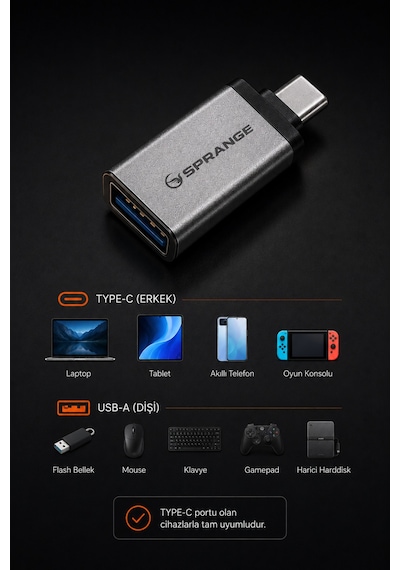 Sprange Type C Usb 3.1 Dönüştürücü Adaptör Usb To Type C Çevirici Telefon Ve Tablet  Gri