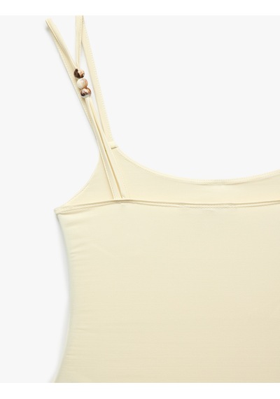 Koton Slim Fit U Yaka Boncuklu Askılı Bodysuit Ekru 6sak10415ek