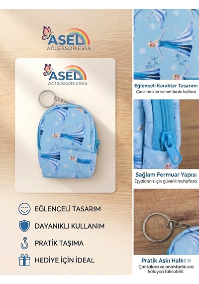 Asel Aksesuar Karakter Baskılı Kancalı Mini Kız Çocuk Cüzdanı Ve Çanta Aksesuarı - 7 Farklı Desen