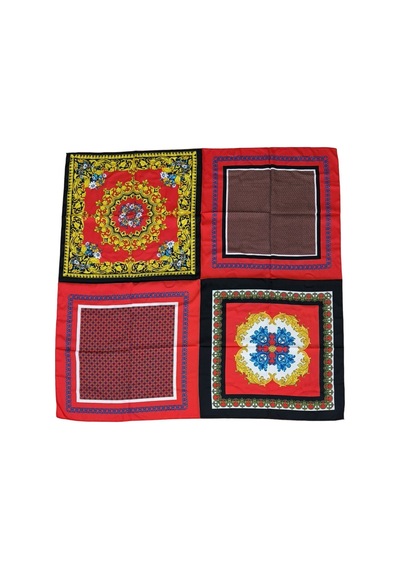 Tikitonki Geometrik Desenli Çok Parçalı Saten Kırmızı Eşarp - 90x90 Karışık Karışık