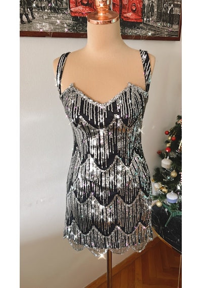 Chica Rosa Fashion Kısa Gümüş Pullu Elbise Gümüş - Siyah