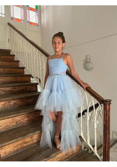 Butikhappykids Kız Çocuk Askılı Mavi Zincir Detaylı Kat Etekli Kuyruklu Abiye Elbise 10-15 Yaş Mavi Butikhappykids Kız Çocuk Askılı Mavi Zincir Detaylı Kat Etekli Kuyruklu Abiye Elbise 10-15 Yaş Mavi