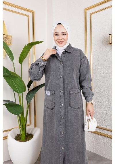 Harman Butik Düğmeli Uzun Kot Kap Gri Gri