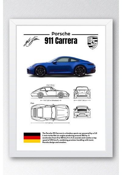 Porsche 911 Tablo - Teknik Özellikli Spor Araba Poster - Çerçeveli Duvar Dekoru - Blueprint Beyaz