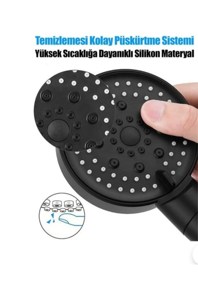 5 Fonksiyonlu Yüksek Basınçlı Duş Başlığı Yuvarlak Abs Plastik Malzeme İle Siyah Renk 3 Lü Set