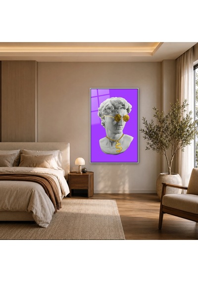 Altın Para Gözlüklü Pop Art Büst Gümüş Çerçeveli Cam Tablo