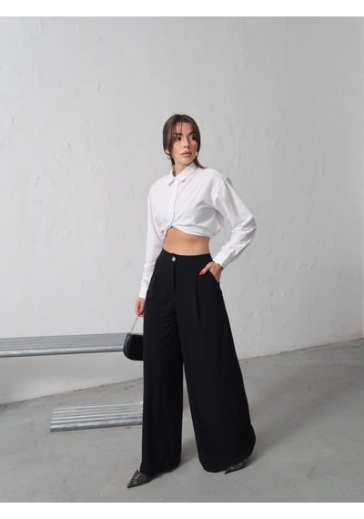 Paw Garage Kadın Lea Düğme Detaylı Palazzo Kumaş Pantolon Siyah