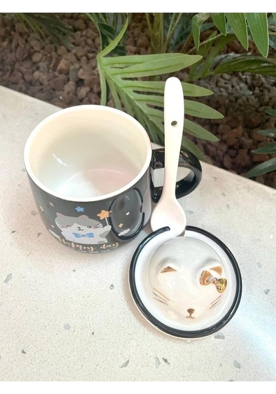 Kawai 3d Kedi Kapaklı Kaşıklı Kupa Bardak Siyah