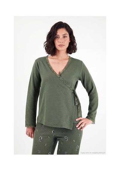 Lela Desenli Dantel Detaylı Bağlamalı Uzun Kollu Pijama Takımı Kadın Pijama Takımı 6575024 Haki