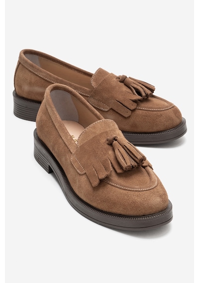 Luvishoes Luvi Shoes Milina Toprak Süet Püsküllü Hakiki Deri Kadın Loafer Ayakkabı Toprak