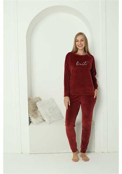 Akbeniz Kadın Kadife Bordo Pijama Takım 20624 - S Bordo