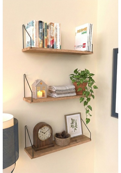 Duvar Rafı Kitaplık Mutfak Banyo Yaşam Alanı 3 'lü Set 15 X 55 Cm . Çam