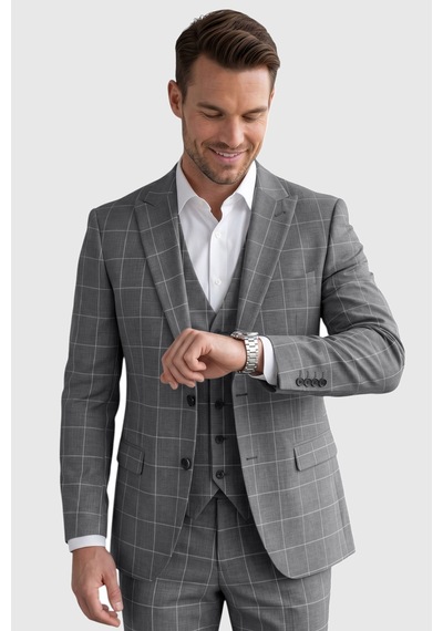 Rizzup Erkek Koyu Gri Slim Fit 3 Lü Takım Elbise Yelekli Ekose Desenli Çift Düğme Takım Elbise 2600501