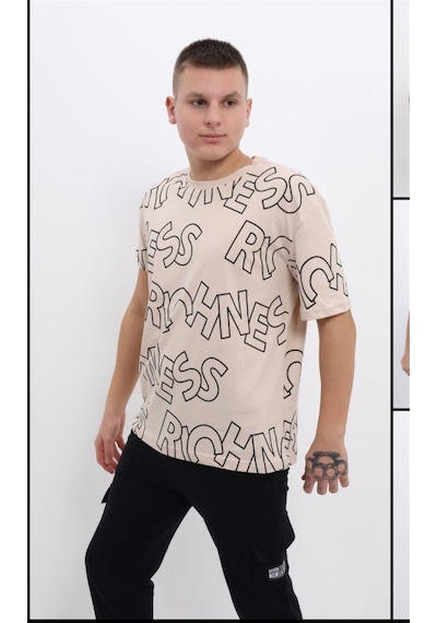 Junior Erkek Çocuk Pamuklu Harfli Rahat Kalıp Tshirt-12817-vizon Vizon