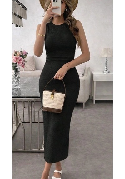 DefyModa Kadın Askılı Bisiklet Yaka Beli Büzgülü Uzun Bürümcük Elbise Siyah