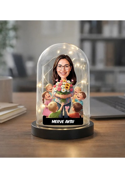 Bk Gift Kişiye Özel Kadın Öğretmen Tasarımlı Karikatür Led Işıklı Cam Fanus Biblo -1, Öğretmene Hediye, Öğretmenler Günü Hediyesi Kobitmeyencom36878 B