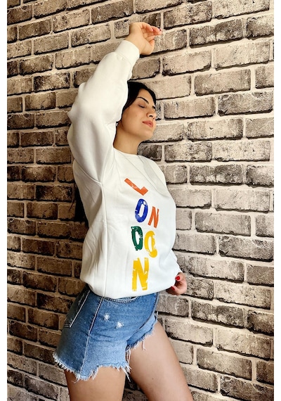 Beyaz Renk London Baskılı 3 İplik Unisex Sweatshirt Beyaz