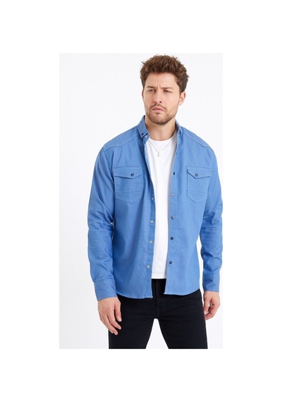 Tarz Cool Erkek Çift Cepli Çıt Çıt Düğmeli Slim Fit Kot Gömlek Mavi